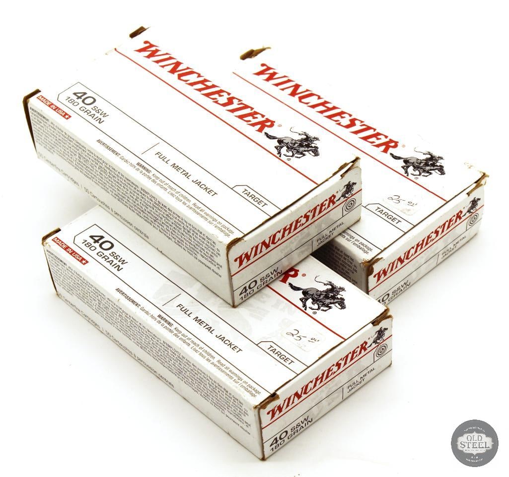 150rds Winchester White Box 40 S&W 180gr FMJ Ammunition: 150rds Winchester White Box 40 S&W 180gr FMJ Ammunition THIS ITEM IS AS PICTURED WITH NO FURTHER ATTACHMENTS. ALL SALES ARE FINAL. PLEASE REFER TO
