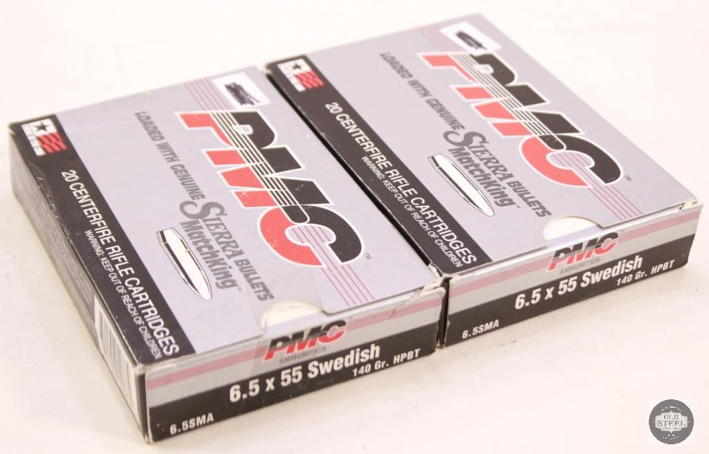 2 Boxes of PMC 6.5x55 Swedish 140 Gr HPBT Ammo: 2 Boxes of PMC 6.5x55 Swedish 140 Gr HPBT Ammo THIS ITEM IS AS PICTURED WITH NO FURTHER ATTACHMENTS. ALL SALES ARE FINAL. PLEASE REFER TO THE AUCTION DESCRIPTION, LOT #1 DESCRIPTION AND