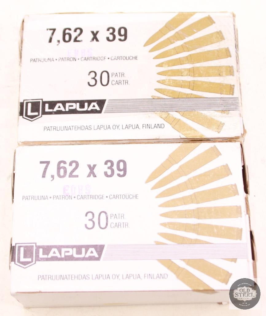 2 Boxes of Lapua 7.62x39 Ammo - 60 Rounds Total: 2 Boxes of Lapua 7.62x39 Ammo - 60 Rounds Total THIS ITEM IS AS PICTURED WITH NO FURTHER ATTACHMENTS. ALL SALES ARE FINAL. PLEASE REFER TO THE AUCTION DESCRIPTION, LOT #1 DESCRIPTION AND