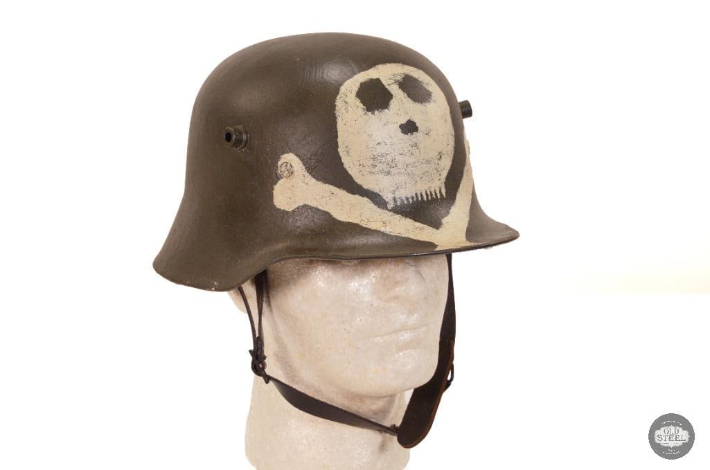 WWI German M16 Stahlhelm Totenkopf Paint - Refurbished Helmet: Professionally refurbished M16 German helmet. Original shell has fresh paint and interior components. THIS ITEM IS AS PICTURED WITH NO FURTHER A