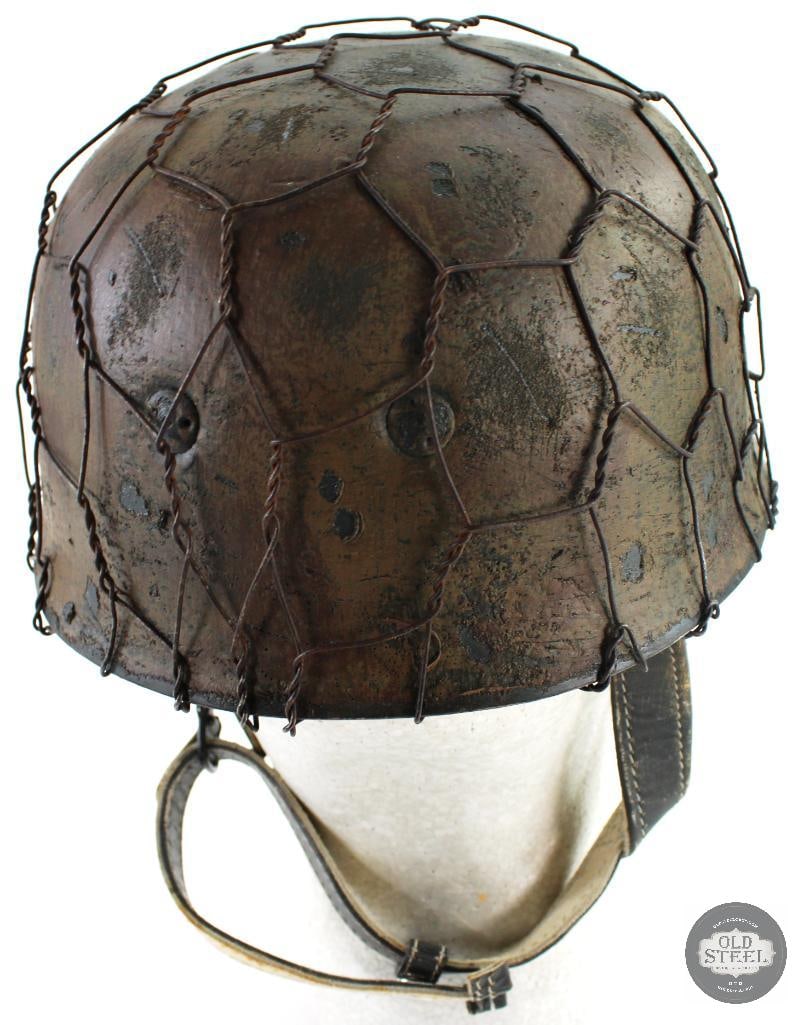 Original WW2 German M38 Helmet W/ Camo Decal Chicken Wire - Refurbished Shell - 3
