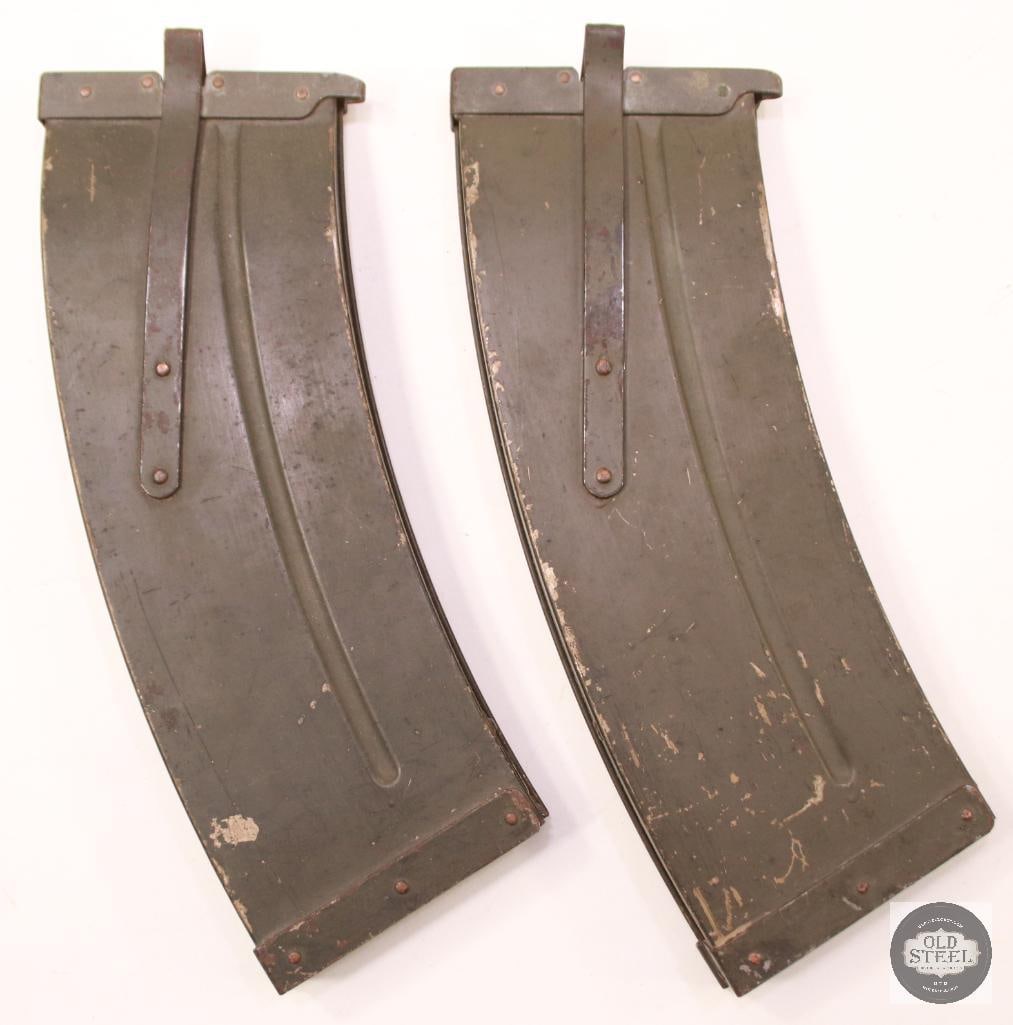 Two Original Green Painted Madsen Machine Gun Magazines: Two original green-painted magazines for the Madsen machine gun. Military-pattern magazines retaining period-applied finish and construction. THIS ITEM IS AS PICTURED WITH NO FURTHER