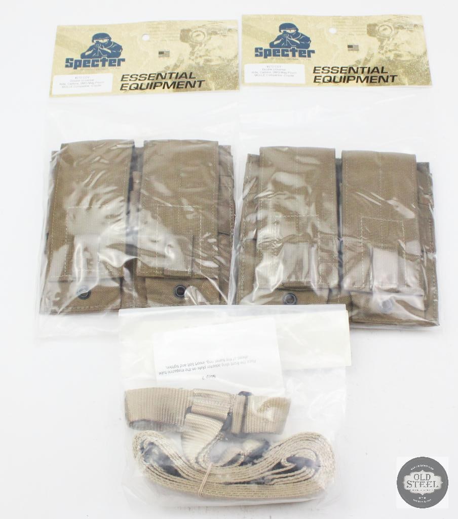 Specter Coyote Tan Universal Sized Magazine Pouches and Mossberg Tac Sling: Specter Coyote Tan Universal Sized Magazine Pouches and Mossberg Tac Sling THIS ITEM IS AS PICTURED WITH NO FURTHER ATTACHMENTS. ALL SALES ARE FINAL. PLEASE REFER TO THE AUCTION DESCRIPTION,