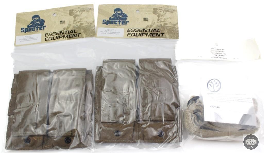 Specter Coyote Tan Universal Sized Magazine Pouches and Mossberg Tac Sling: Specter Coyote Tan Universal Sized Magazine Pouches and Mossberg Tac Sling THIS ITEM IS AS PICTURED WITH NO FURTHER ATTACHMENTS. ALL SALES ARE FINAL. PLEASE REFER TO THE AUCTION DESCRIPTION,