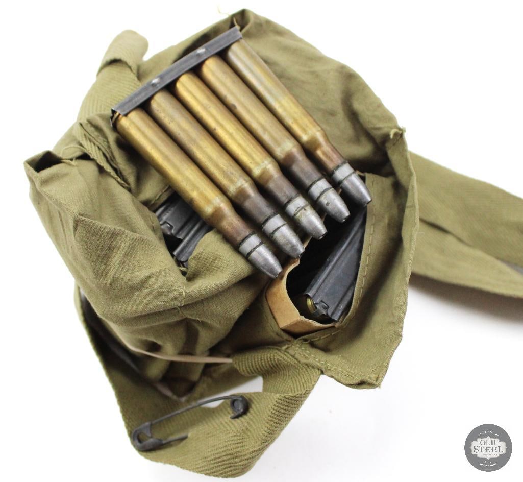 60rds 30-06 SPRG on 5rd Clips in Cloth Bandoleer: 60rds 30-06 SPRG on 5rd Clips in Cloth Bandoleer. Lead bullets show potential reloads THIS ITEM IS AS PICTURED WITH NO FURTHER ATTACHMENTS. ALL SALES ARE FINAL. PLEASE REFER TO THE