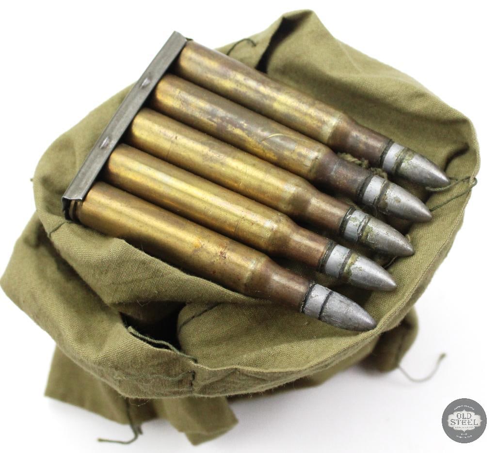 35rds 30-06 SPRG on 5rds Clips in Bandoleer: 35rds 30-06 SPRG on 5rds Clips in Bandoleer. 5 rds are loose and FMJ. Lead bullets show potential reloads THIS ITEM IS AS PICTURED WITH NO FURTHER ATTACHMENTS. ALL SALES ARE FINAL. PLEASE