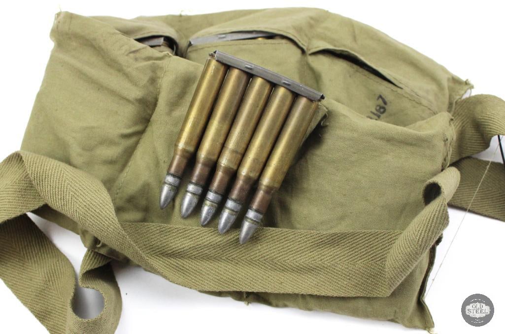 60rds 30-06 SPRG on 5rd Clips in Cloth Bandoleer: 60rds 30-06 SPRG on 5rd Clips in Cloth Bandoleer. Lead bullets show potential reloads THIS ITEM IS AS PICTURED WITH NO FURTHER ATTACHMENTS. ALL SALES ARE FINAL. PLEASE REFER TO THE AUCTION