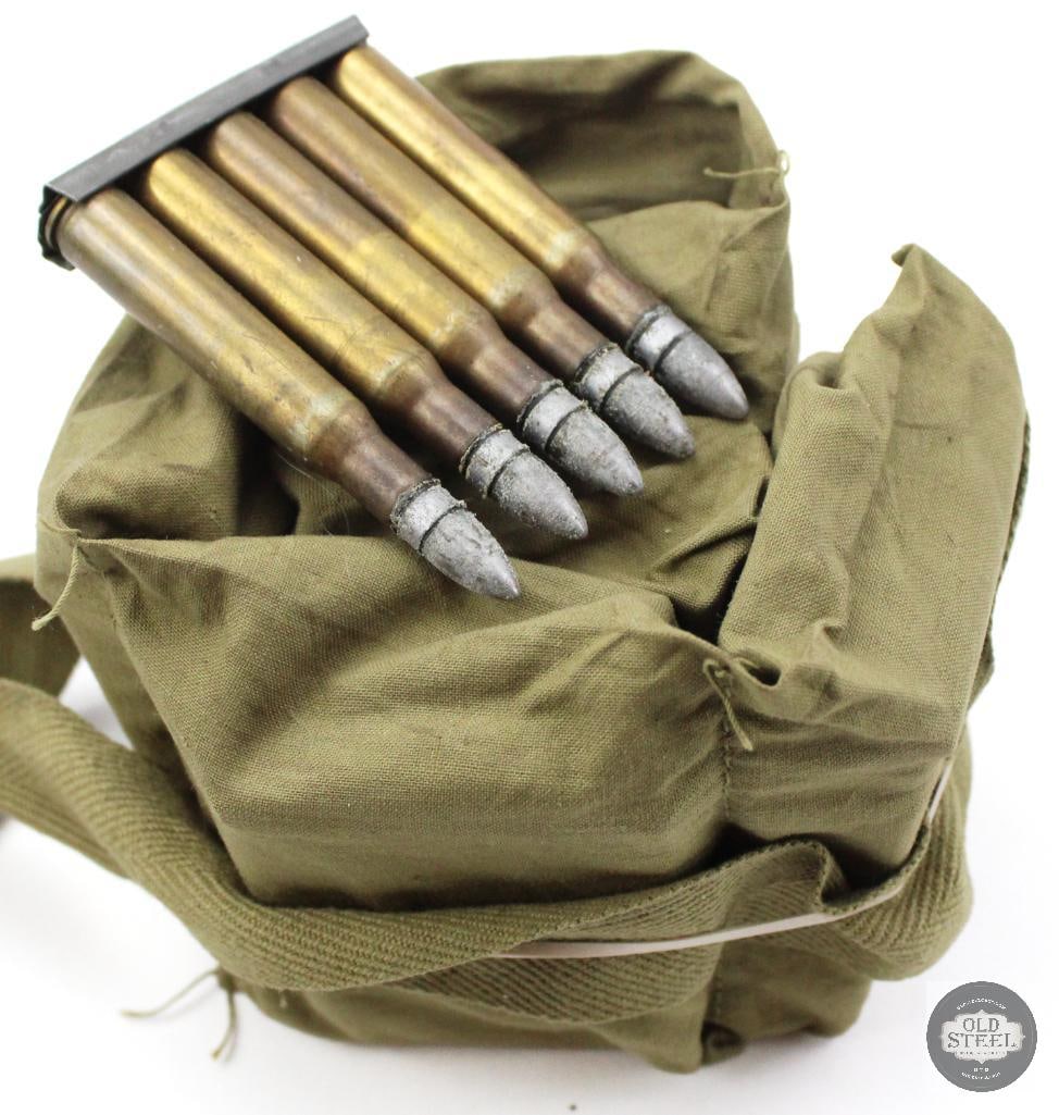 60rds 30-06 SPRG on 5rd Clips in Cloth Bandoleer: 60rds 30-06 SPRG on 5rd Clips in Cloth Bandoleer. Lead bullets show these to be potential reloads THIS ITEM IS AS PICTURED WITH NO FURTHER ATTACHMENTS. ALL SALES ARE FINAL. PLEASE REFER TO THE