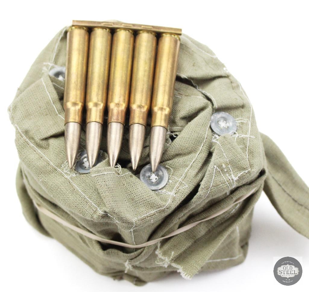 70rds Clipped Turkish 8mm Mauser in Cloth Bandoleer: 70rds Clipped Turkish 8mm Mauser in Cloth Bandoleer THIS ITEM IS AS PICTURED WITH NO FURTHER ATTACHMENTS. ALL SALES ARE FINAL. PLEASE REFER TO THE AUCTION DESCRIPTION, LOT #1 DESCRIPTION