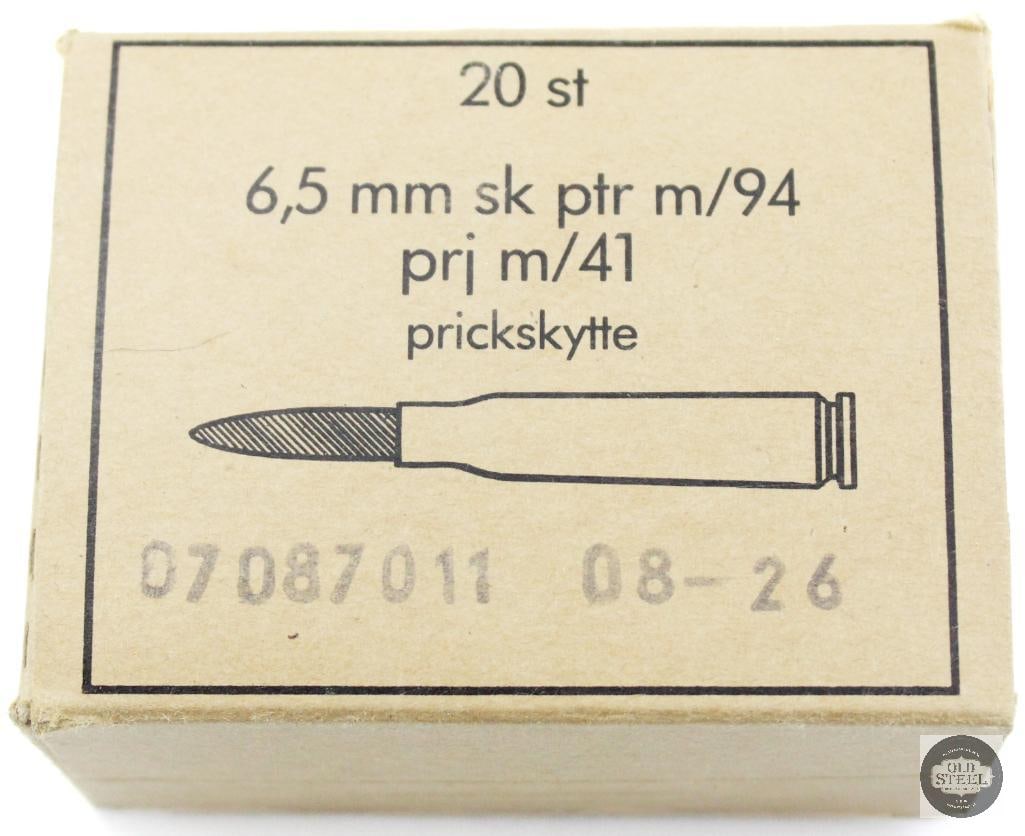 Box of 6.5x55 Swedish Ammunition - 20rds:  Box of 6.5x55 Swedish Ammunition - 20rds THIS ITEM IS AS PICTURED WITH NO FURTHER ATTACHMENTS. ALL SALES ARE FINAL. PLEASE REFER TO THE AUCTION DESCRIPTION, LOT #1 DESCRIPTION AND