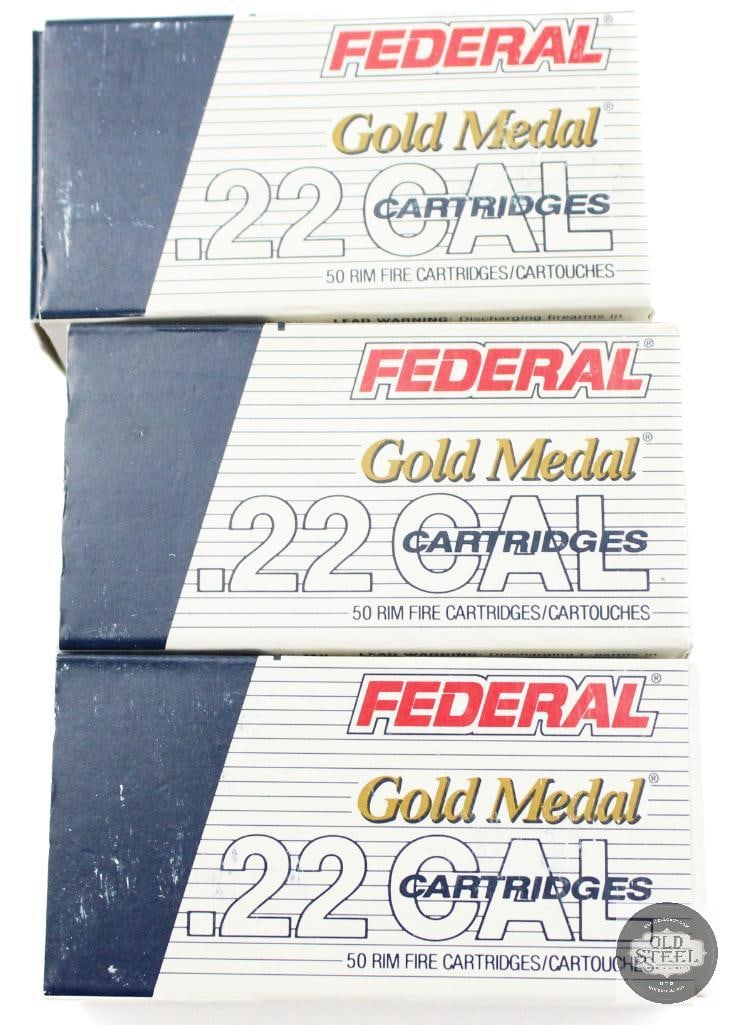 150rds Federal Gold Medal Target 40gr Solid Ammunition: 150rds Federal Gold Medal Target 40gr Solid Ammunition THIS ITEM IS AS PICTURED WITH NO FURTHER ATTACHMENTS. ALL SALES ARE FINAL. PLEASE REFER TO THE AUCTION DESCRIPTION, LOT