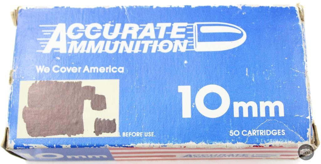 Box of Accurate Ammunition 10mm 180gr JHP Ammunition - 50rds: Box of Accurate Ammunition 10mm 180gr JHP Ammunition - 50rds THIS ITEM IS AS PICTURED WITH NO FURTHER ATTACHMENTS. ALL SALES ARE FINAL. PLEASE REFER TO THE AUCTION DESCRIPTION, LOT