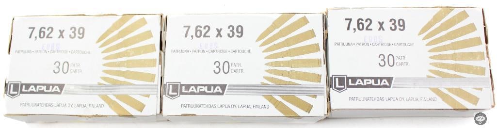 3 Boxes Lapua 7.62x39mm 123gr FMJ Ammunition - 90rds: 3 Boxes Lapua 7.62x39mm 123gr FMJ Ammunition - 90rds THIS ITEM IS AS PICTURED WITH NO FURTHER ATTACHMENTS. ALL SALES ARE FINAL. PLEASE REFER TO THE AUCTION DESCRIPTION, LOT #1 DESCRIPTION