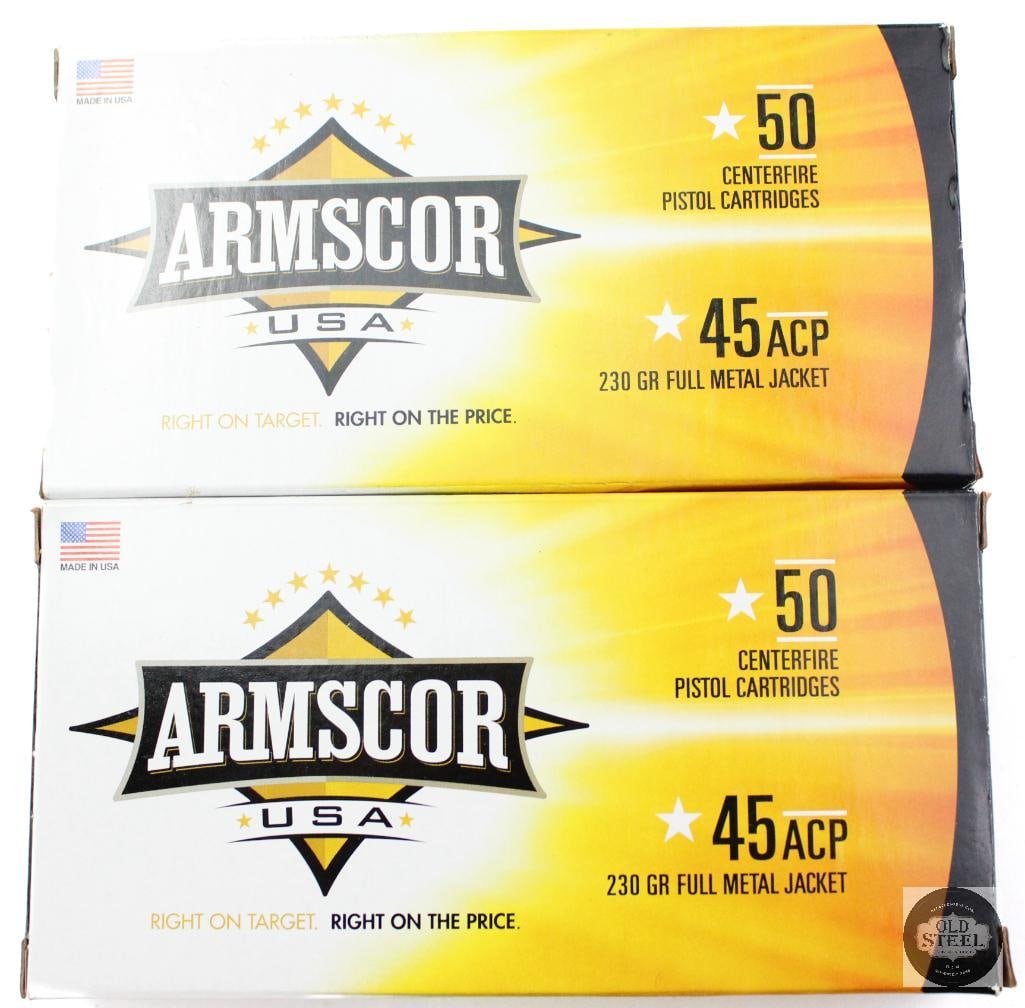 2 Boxes Armscor 45 ACP 230gr FMJ Ammunition - 100rds: 2 Boxes Armscor 45 ACP 230gr FMJ Ammunition - 100rds THIS ITEM IS AS PICTURED WITH NO FURTHER ATTACHMENTS. ALL SALES ARE FINAL. PLEASE REFER TO THE AUCTION DESCRIPTION, LOT #1 DESCRIPTION