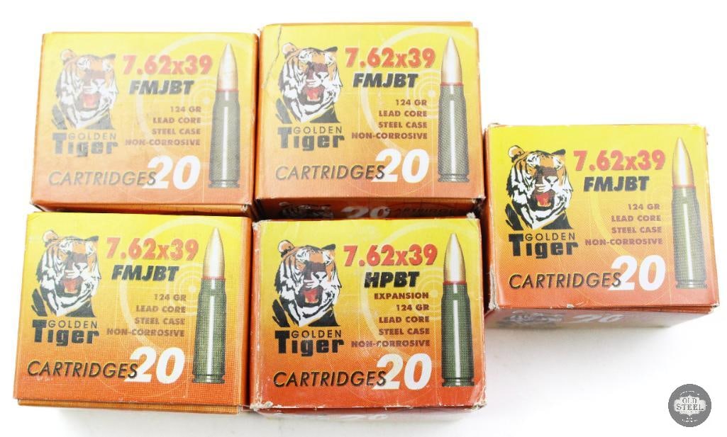 5 Boxes Golden Tiger 7.62x39mm 124gr Ammunition - 100rds: 5 Boxes Golden Tiger 7.62x39mm 124gr Ammunition - 100rds THIS ITEM IS AS PICTURED WITH NO FURTHER ATTACHMENTS. ALL SALES ARE FINAL. PLEASE REFER TO THE AUCTION DESCRIPTION, LOT