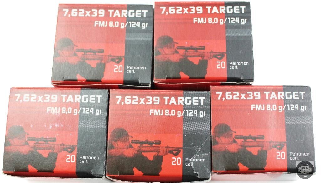 5 Boxes GECO 7.62x39 124gr FMJ Ammunition - 100rds: 5 Boxes GECO 7.62x39 124gr FMJ Ammunition - 100rds THIS ITEM IS AS PICTURED WITH NO FURTHER ATTACHMENTS. ALL SALES ARE FINAL. PLEASE REFER TO THE AUCTION DESCRIPTION, LOT #1 DESCRIPTION
