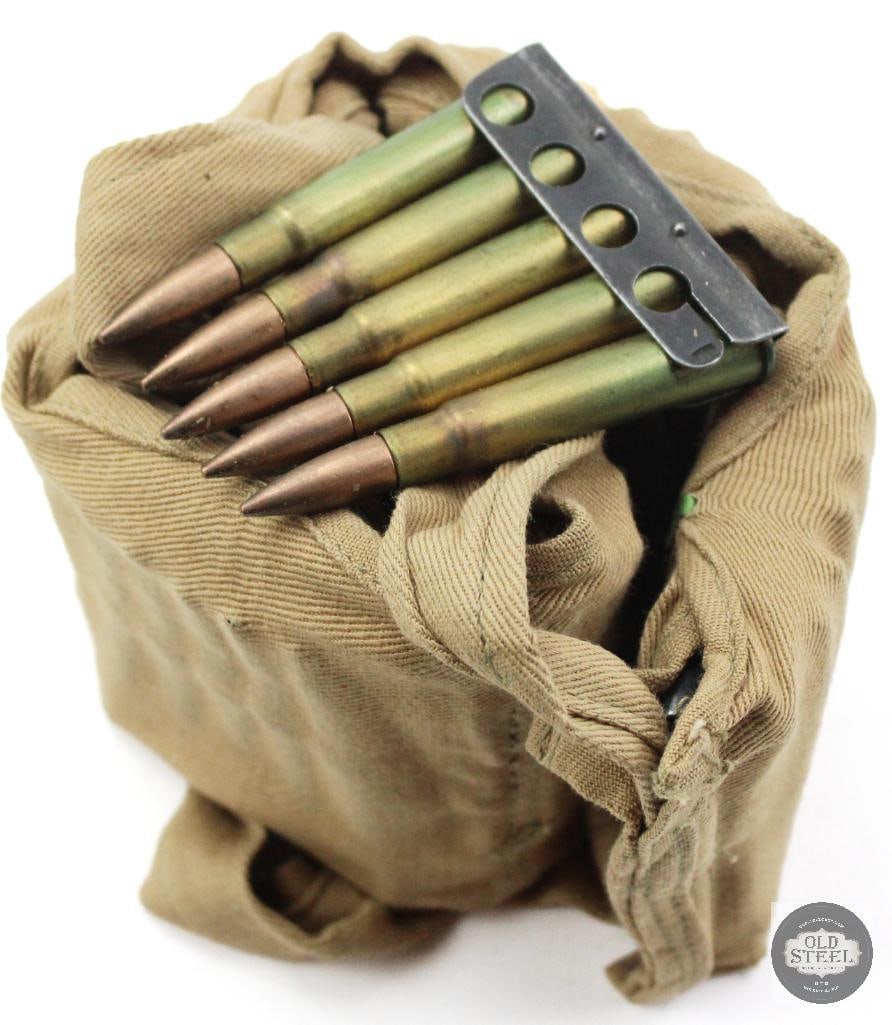 50rds 303 British Ammunition on 5rd Clips in Bandoleer: 50rds 303 British Ammunition on 5rd Clips in Bandoleer THIS ITEM IS AS PICTURED WITH NO FURTHER ATTACHMENTS. ALL SALES ARE FINAL. PLEASE REFER TO THE AUCTION DESCRIPTION, LOT