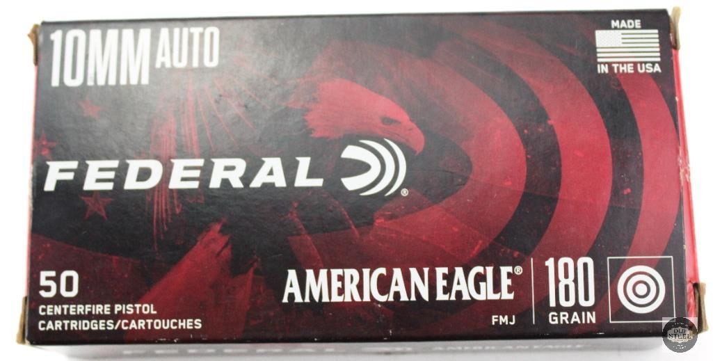 Box of Federal 10mm AUTO 180gr FMJ Ammunition - 50rds: Box of Federal 10mm AUTO 180gr FMJ Ammunition - 50rds THIS ITEM IS AS PICTURED WITH NO FURTHER ATTACHMENTS. ALL SALES ARE FINAL. PLEASE REFER TO THE AUCTION DESCRIPTION, LOT