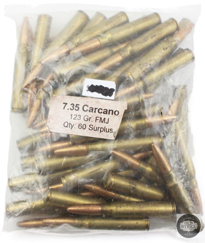 60rds 7.35 Carcano 123gr FMJ Surplus Ammunition: 60rds 7.35 Carcano 123gr FMJ Surplus Ammunition THIS ITEM IS AS PICTURED WITH NO FURTHER ATTACHMENTS. ALL SALES ARE FINAL. PLEASE REFER TO THE AUCTION DESCRIPTION, LOT #1 DESCRIPTION AND