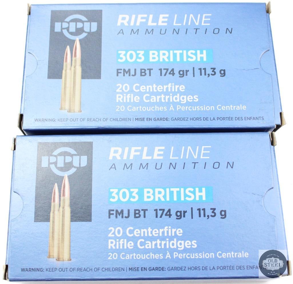 2 Boxes PPU 303 British 174gr FMJ BT Ammunition - 40rds: 2 Boxes PPU 303 British 174gr FMJ BT Ammunition - 40rds THIS ITEM IS AS PICTURED WITH NO FURTHER ATTACHMENTS. ALL SALES ARE FINAL. PLEASE REFER TO THE AUCTION DESCRIPTION, LOT