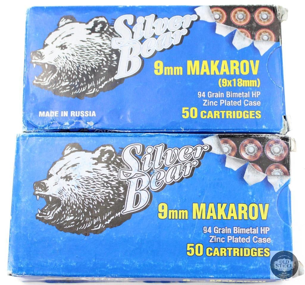 2 Boxes Russian Silver Bear 9x18 Makarov 94gr HP Ammunition 100rds: 2 Boxes Russian Silver Bear 9x18 Makarov 94gr HP Ammunition 100rds THIS ITEM IS AS PICTURED WITH NO FURTHER ATTACHMENTS. ALL SALES ARE FINAL. PLEASE R