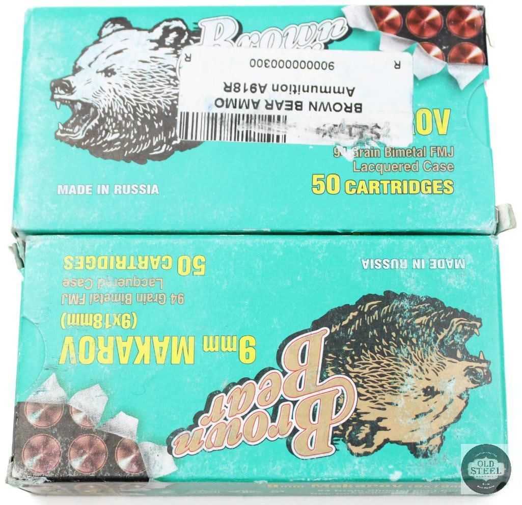 2 Boxes Russian Brown Bear 9x18 Makarov 94gr FMJ Ammunition 100rds: 2 Boxes Russian Brown Bear 9x18 Makarov 94gr FMJ Ammunition 100rds THIS ITEM IS AS PICTURED WITH NO FURTHER ATTACHMENTS. ALL SALES ARE FINAL. PLEASE R