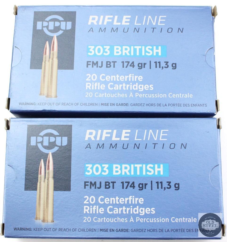 2 Boxes PPU 303 British 174gr FMJ BT Ammunition - 40rds: 2 Boxes PPU 303 British 174gr FMJ BT Ammunition - 40rds THIS ITEM IS AS PICTURED WITH NO FURTHER ATTACHMENTS. ALL SALES ARE FINAL. PLEASE REFER TO THE AUCTION DESCRIPTION, LOT