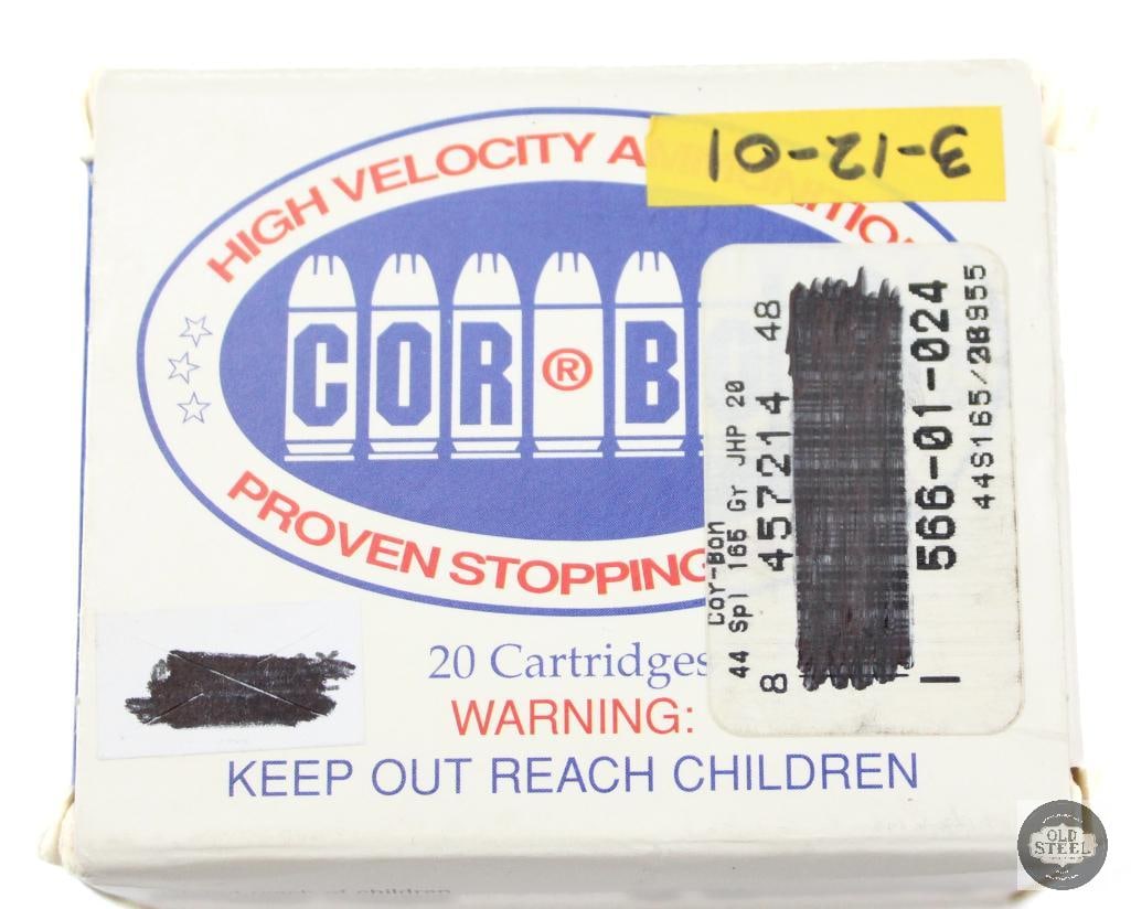 Box of Corbon 44 Special 165gr JHP Ammunition 20rds: Box of Corbon 44 Special 165gr JHP Ammunition 20rds THIS ITEM IS AS PICTURED WITH NO FURTHER ATTACHMENTS. ALL SALES ARE FINAL. PLEASE REFER TO THE AUCTION DESCRIPTION, LOT #1 DESCRIPTION