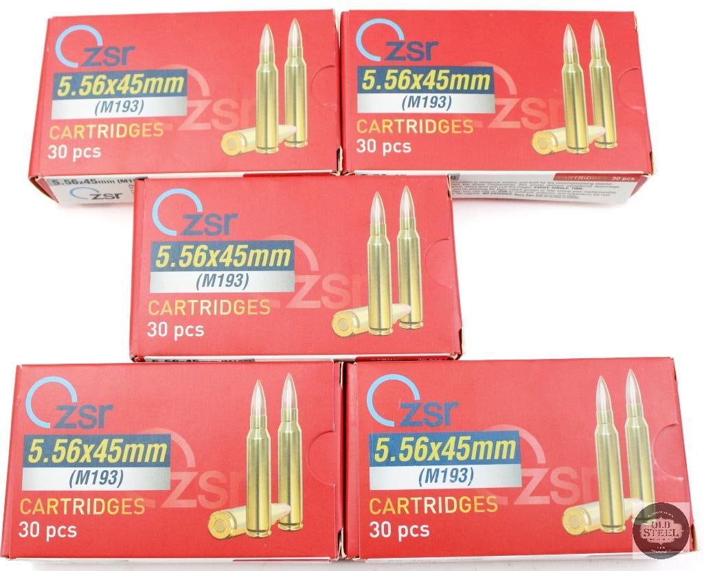 5 Boxes ZSR M193 5.56 Ammunition - 150rds: 5 Boxes ZSR M193 5.56 Ammunition - 150rds THIS ITEM IS AS PICTURED WITH NO FURTHER ATTACHMENTS. ALL SALES ARE FINAL. PLEASE REFER TO THE AUCTION DESCRIPTION, LOT #1 DESCRIPTION AND TERMS