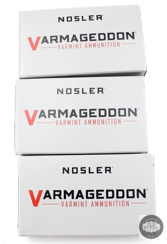3 Boxes Nosler 223 REM 55gr FB Tipped Varmageddon Ammunition - 60rds: 3 Boxes Nosler 223 REM 55gr FB Tipped Varmageddon Ammunition - 60rds THIS ITEM IS AS PICTURED WITH NO FURTHER ATTACHMENTS. ALL SALES ARE FINAL. PLEASE REFER TO THE AUCTION DESCRIPTION, LOT