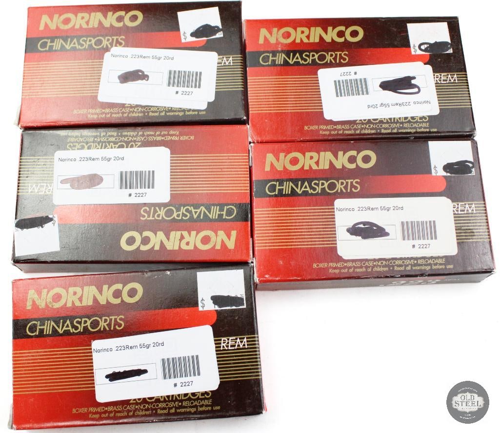 5 Boxes Norinco Chinasports 223 REM 55gr FMJ Ammunition - 100rds: 5 Boxes Norinco Chinasports 223 REM 55gr FMJ Ammunition - 100rds THIS ITEM IS AS PICTURED WITH NO FURTHER ATTACHMENTS. ALL SALES ARE FINAL. PLEASE REFER TO THE AUCTION DESCRIPTION, LOT