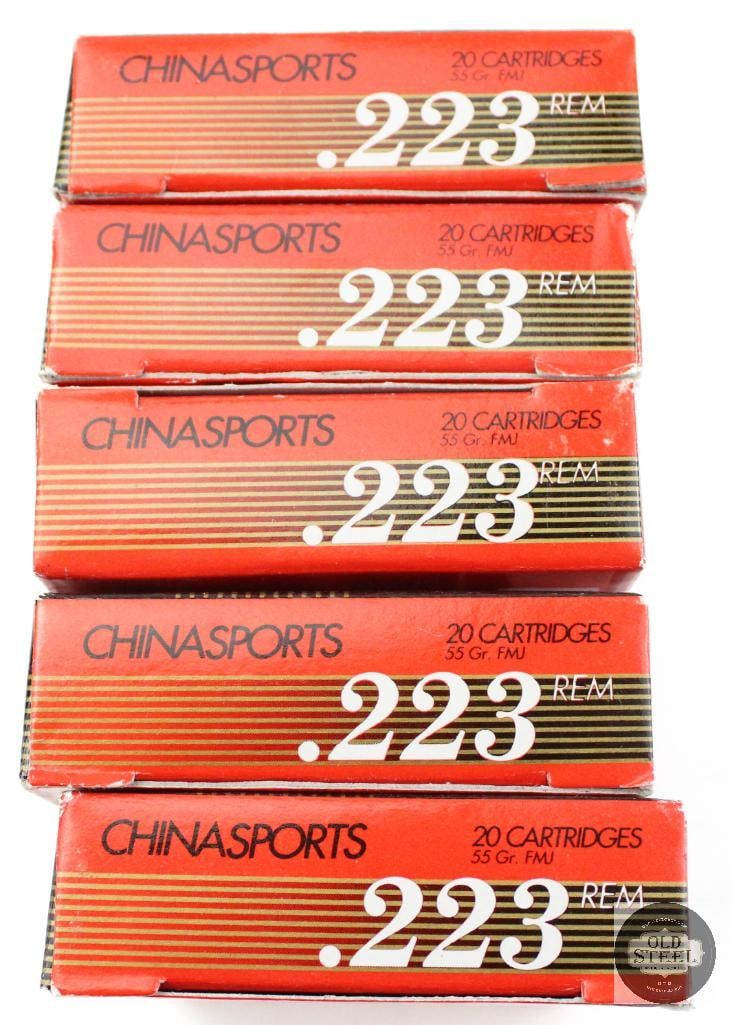 5 Boxes Norinco Chinasports 223 REM 55gr FMJ Ammunition - 100rds - 2