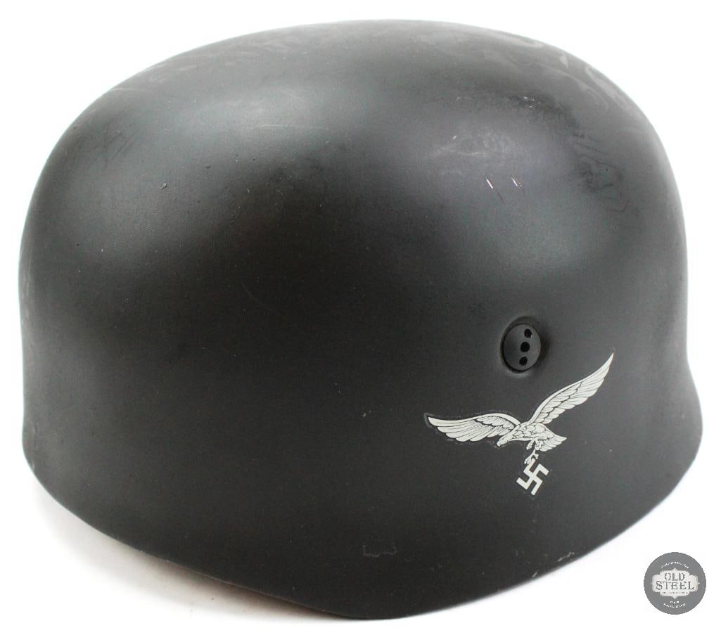 WWII German M38 Fallschirmjager Helmet - Complete: Modern production helemt in the style of WWII German Fallschirmjager M38 (paratrooper). THIS ITEM IS AS PICTURED WITH NO FURTHER ATTACHMENTS. ALL SALES ARE FINAL. PLEASE REFER TO THE AUCTION