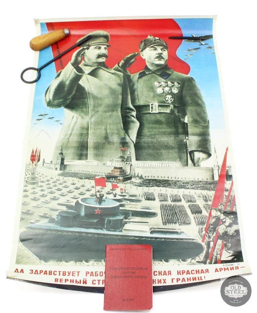 USSR Propaganda Poster and Communist Party Membership Book and Tools: Modern printed Soviet relics. The poster is in good condition and the book is clean with stamps and ink pen signatures also printed on the pages for an authentic look for any display. The tool is a ha