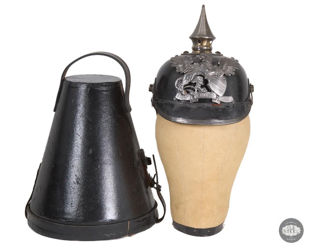 Imperial German Pickelhaube Helmet and Protective Storage Case: Imperial German Pickelhaube Helmet and Protective Storage Case THIS ITEM IS AS PICTURED WITH NO FURTHER ATTACHMENTS. ALL SALES ARE FINAL. PLEASE REFER TO THE AUCTION DESCRIPTION, LOT