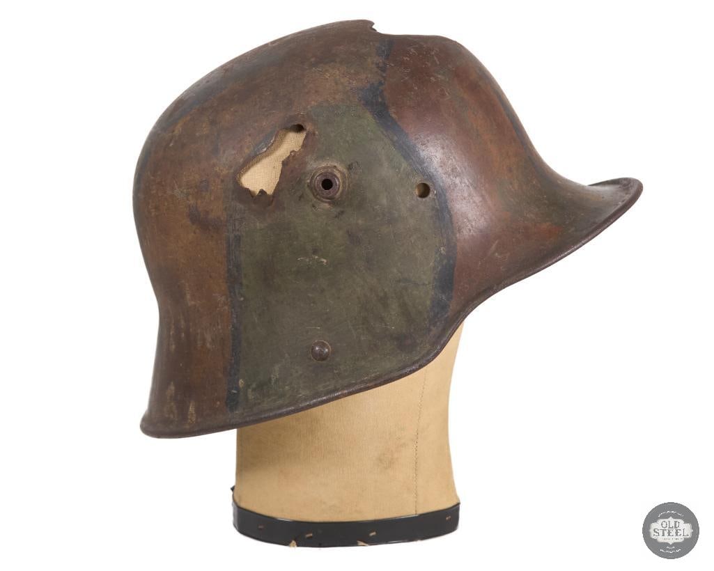 Battle Damaged M16 German WWI Camouflaged Helmet Shell - 3