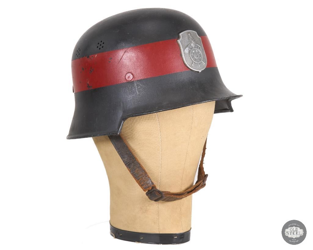 RARE Original M34 Square Dip Luftwaffe Fire Fighters Helmet with Badge: RARE Original M34 Square Dip Luftwaffe Fire Fighters Helmet with Badge. Chinstrap has markings bu degredation of the leather's surface makes it indecipherable. THIS ITEM IS AS PICTURED