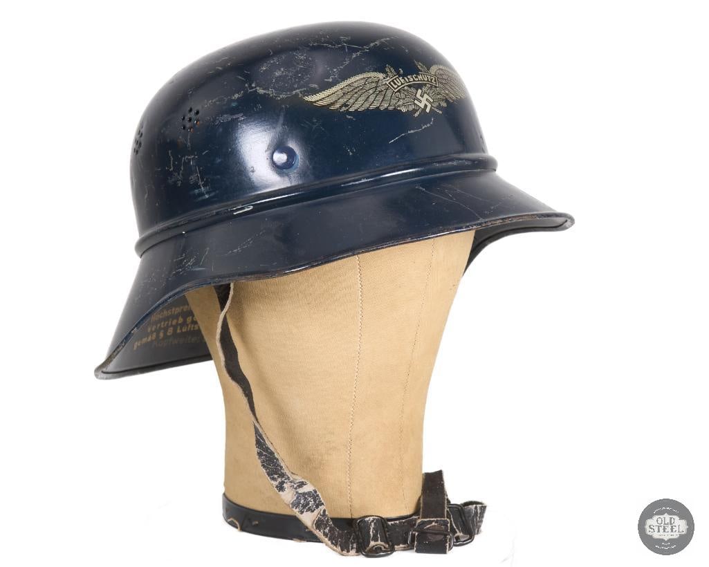 Original Luftschutz 3 Piece Gladiator Helmet: An original German Luftschutz 3 piece gladiator style helmet. RI 2 38/28 stamped on rear interior of brim. THIS ITEM IS AS PICTURED WITH NO FURTHER ATTACHMENTS. ALL SALES ARE FINAL.