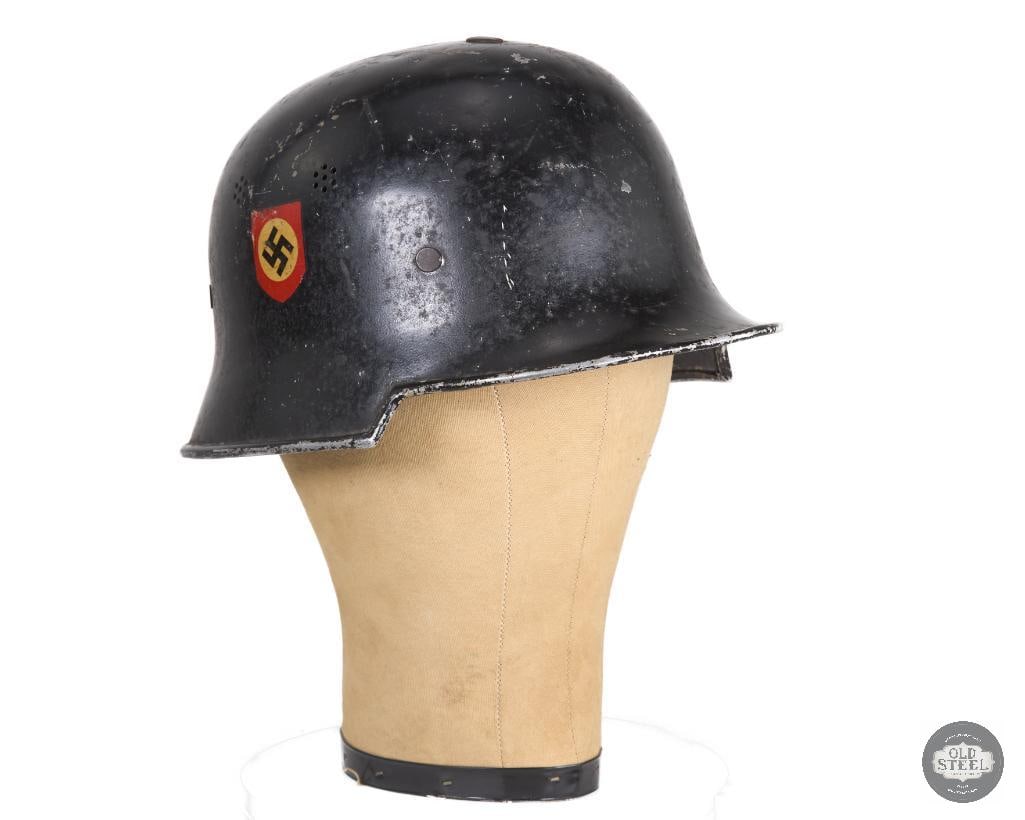 Original M34 Square Dip Polizei Helmet Germany WWII - No Comb: An original german WWII era M34 square dip Polizei helmet. The helmet once had a comb. No chinstrap. Headband and suspension leather present. THIS ITEM IS AS PICTURED WITH NO FURTHER