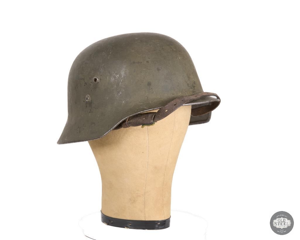 Original Hungarian M38 Steel Helmet WWII Liner and Chinstrap: Original Hungarian M38 Steel Helmet WWII Liner and Chinstrap. DR66 THIS ITEM IS AS PICTURED WITH NO FURTHER ATTACHMENTS. ALL SALES ARE FINAL. PLEASE REFER TO THE AUCTION DESCRIPTION, LOT
