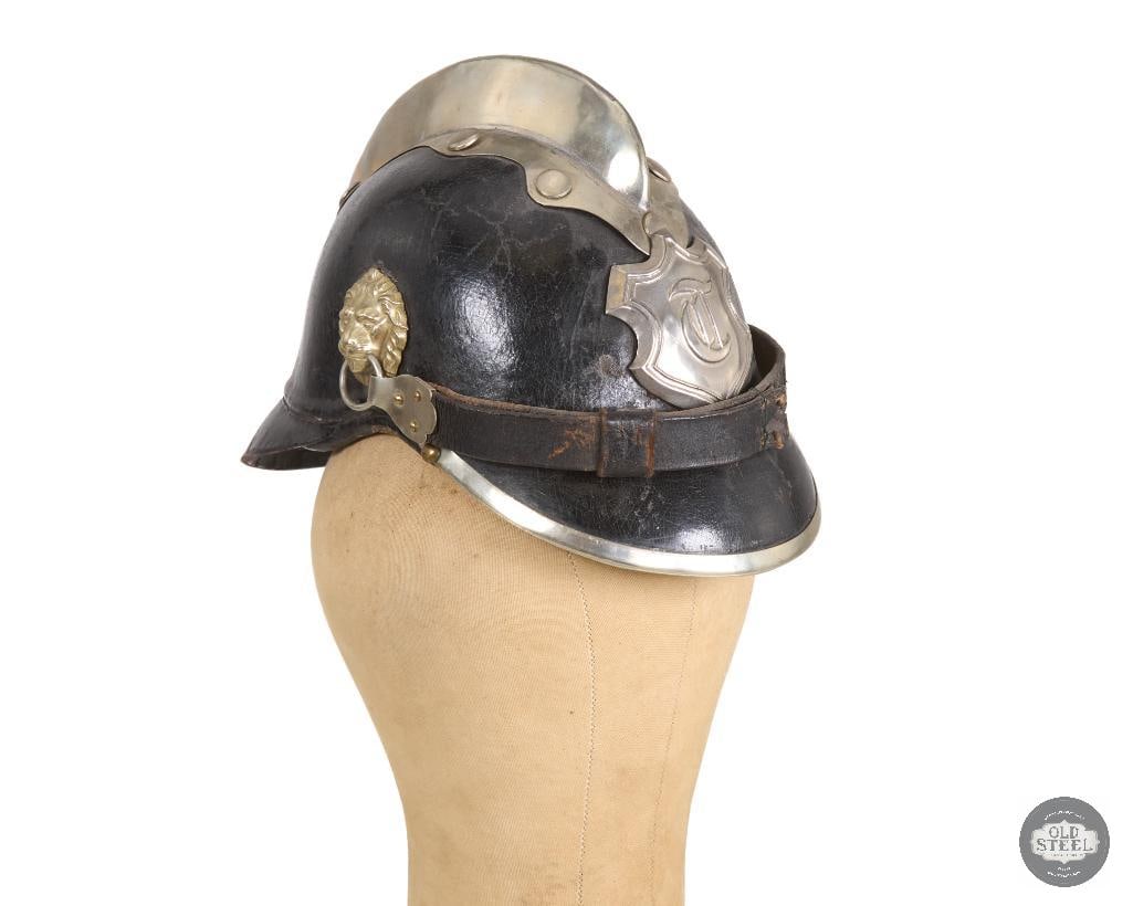 Original Imperial German Fireman's Helmet: Original Imperial German Fireman's Helmet. Pickelhaube style leather shell with silver color embellishments: badge, comb, fittings, THIS ITEM IS