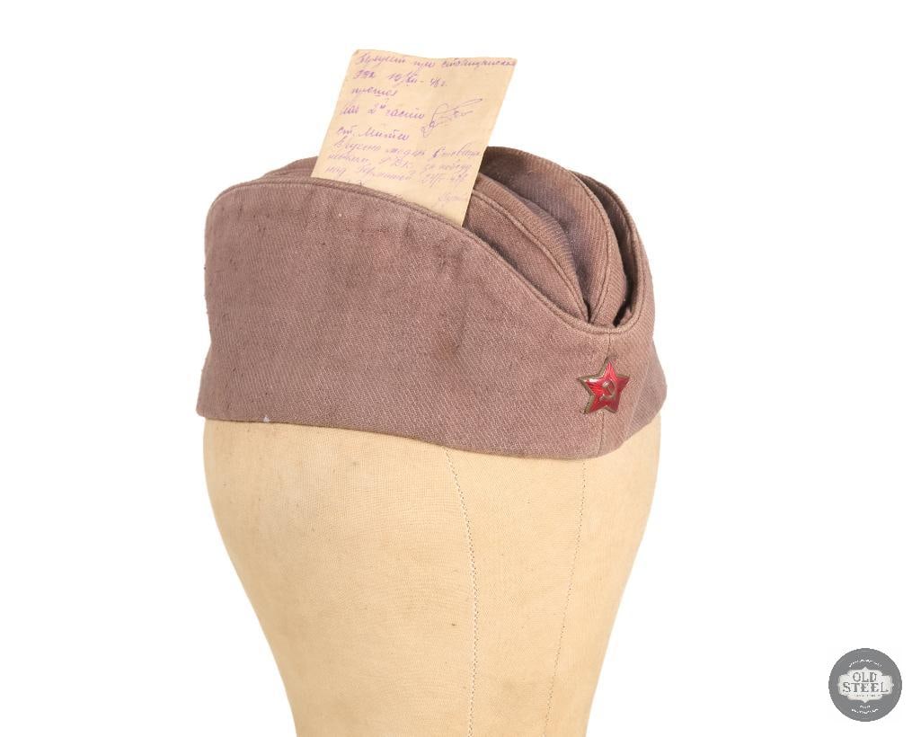 Original Soviet WWII Garrison Cap with Papers: The garrison cap has a folded identification paper dated 1945. THIS ITEM IS AS PICTURED WITH NO FURTHER ATTACHMENTS. ALL SALES ARE FINAL. PLEASE REFER TO THE AUCTION DESCRIPTION, LOT