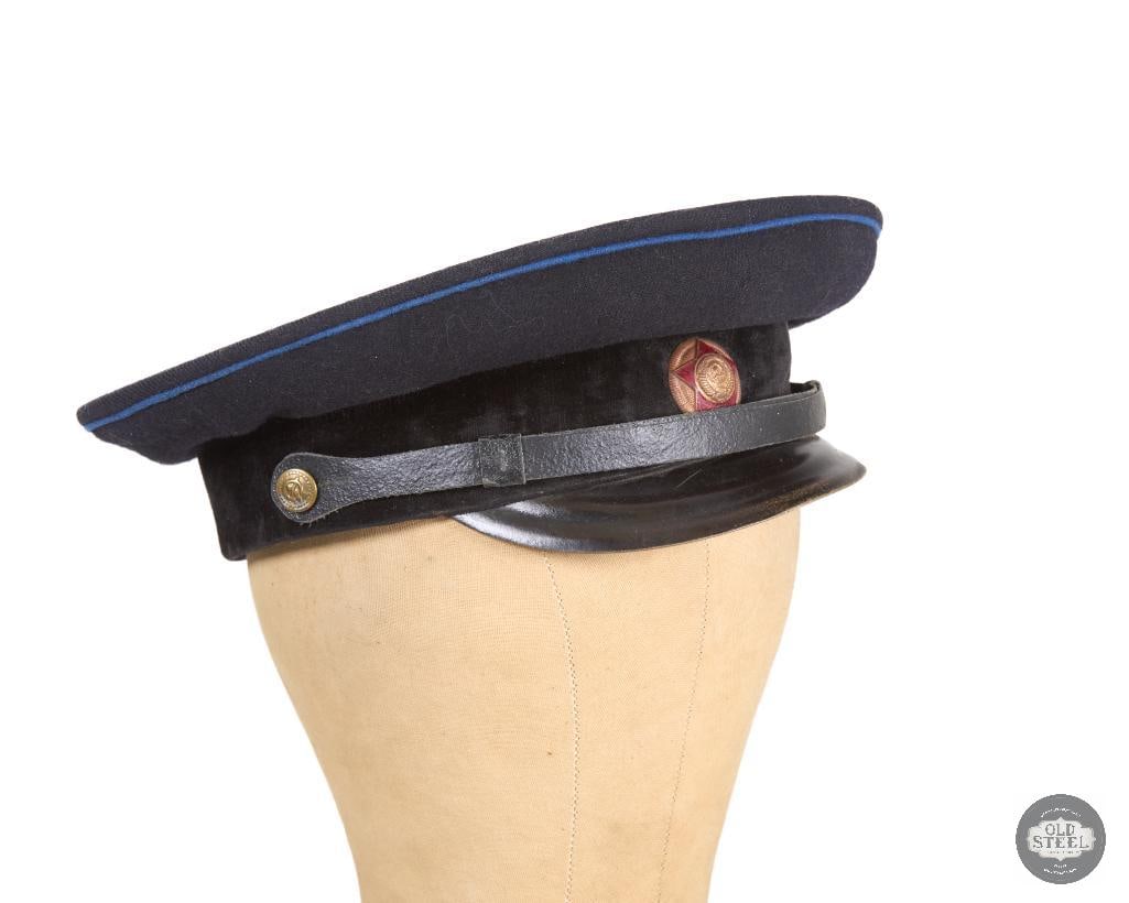 Soviet Visor Cap - Black Wool Blue Piping: Soviet Visor Cap - Black Wool Blue Piping THIS ITEM IS AS PICTURED WITH NO FURTHER ATTACHMENTS. ALL SALES ARE FINAL. PLEASE REFER TO THE AUCTION DESCRIPTION, LOT #1 DESCRIPTION AND TERMS