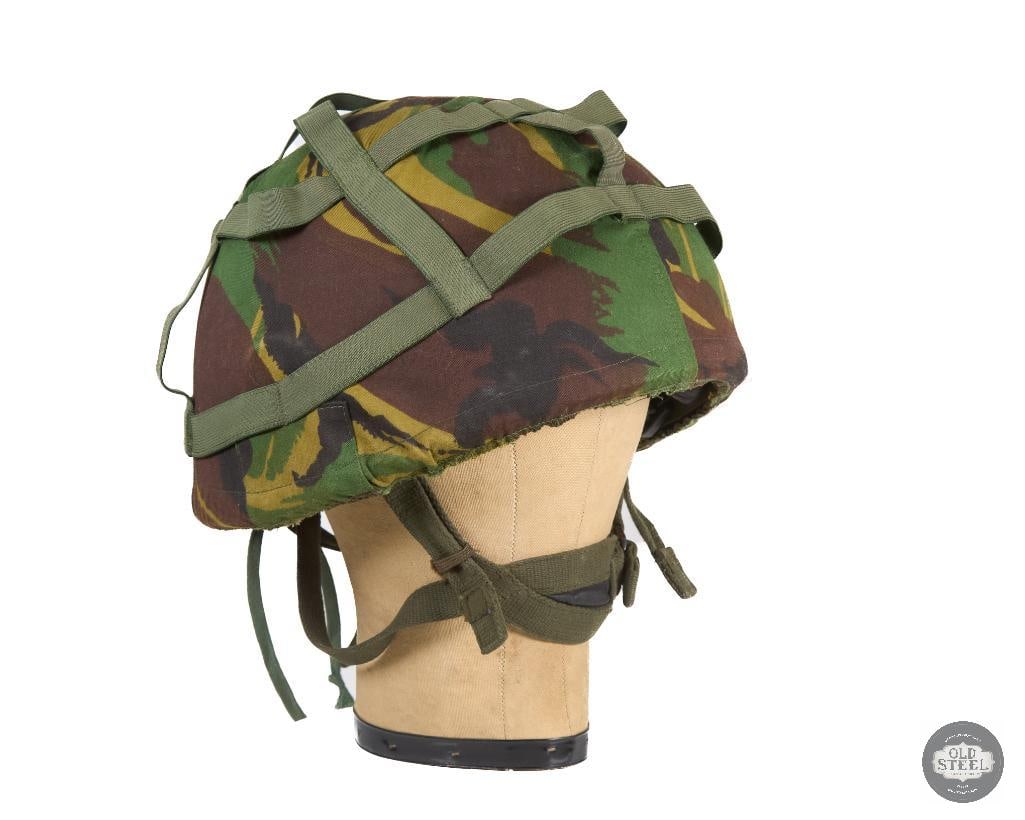 British MK6 Combat Helmet 1987 with DPM Camo Cover - Cronshaw: A British MK6 combat helmet from 1987 with soldier's surname CRONSHAW over roster number 618 written inside. THIS ITEM IS AS PICTURED WITH NO FU