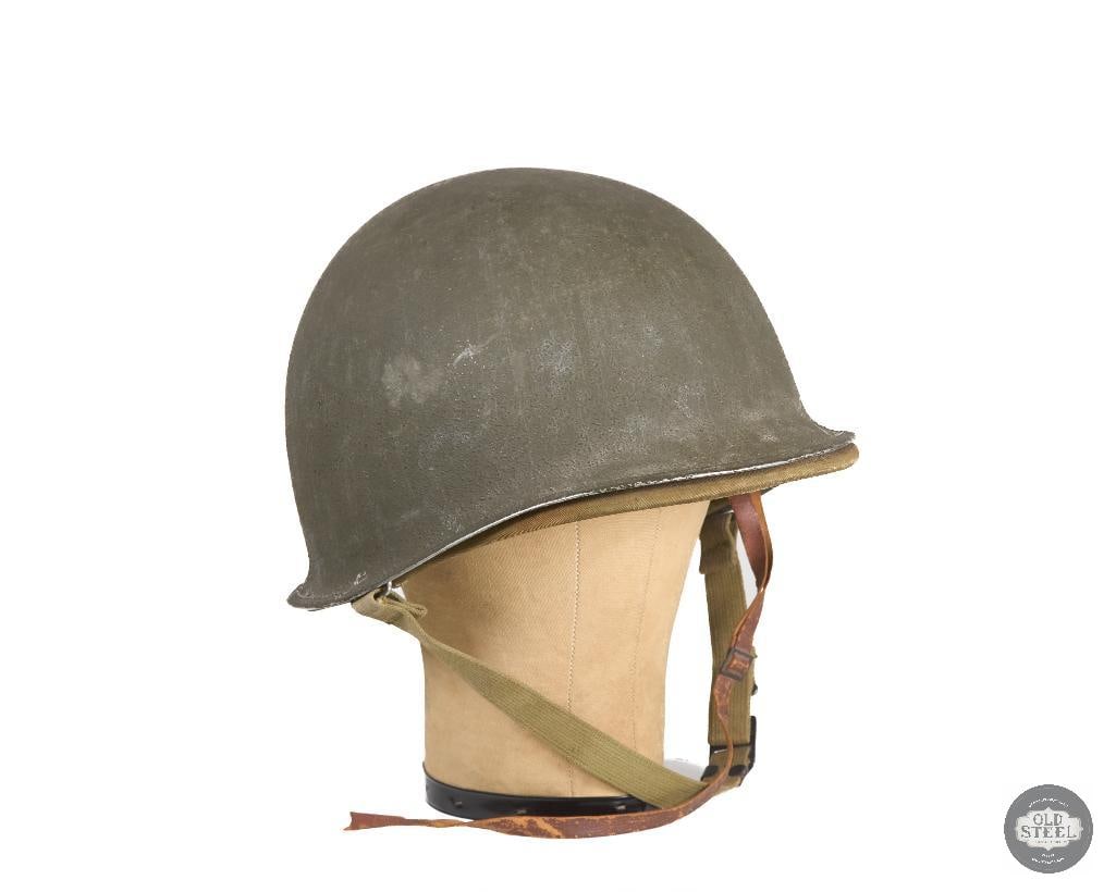 RARE US M1 Hawley Helmet WWII: A WWII US M1 Hawley helmet. 59 7 stamped on inside. Liner leather strap is broken but present. Great condition! THIS ITEM IS AS PICTURED WITH NO FURTH