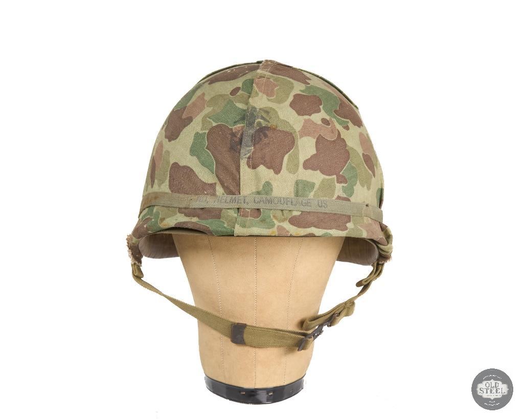 US Marines M1 Hood Helmet with Hood Rubber Co Liner with USMC Reversable Frogskin Camo 211C WWII - 2