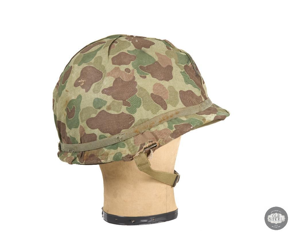 US Marines M1 Hood Helmet with Hood Rubber Co Liner with USMC Reversable Frogskin Camo 211C WWII - 3