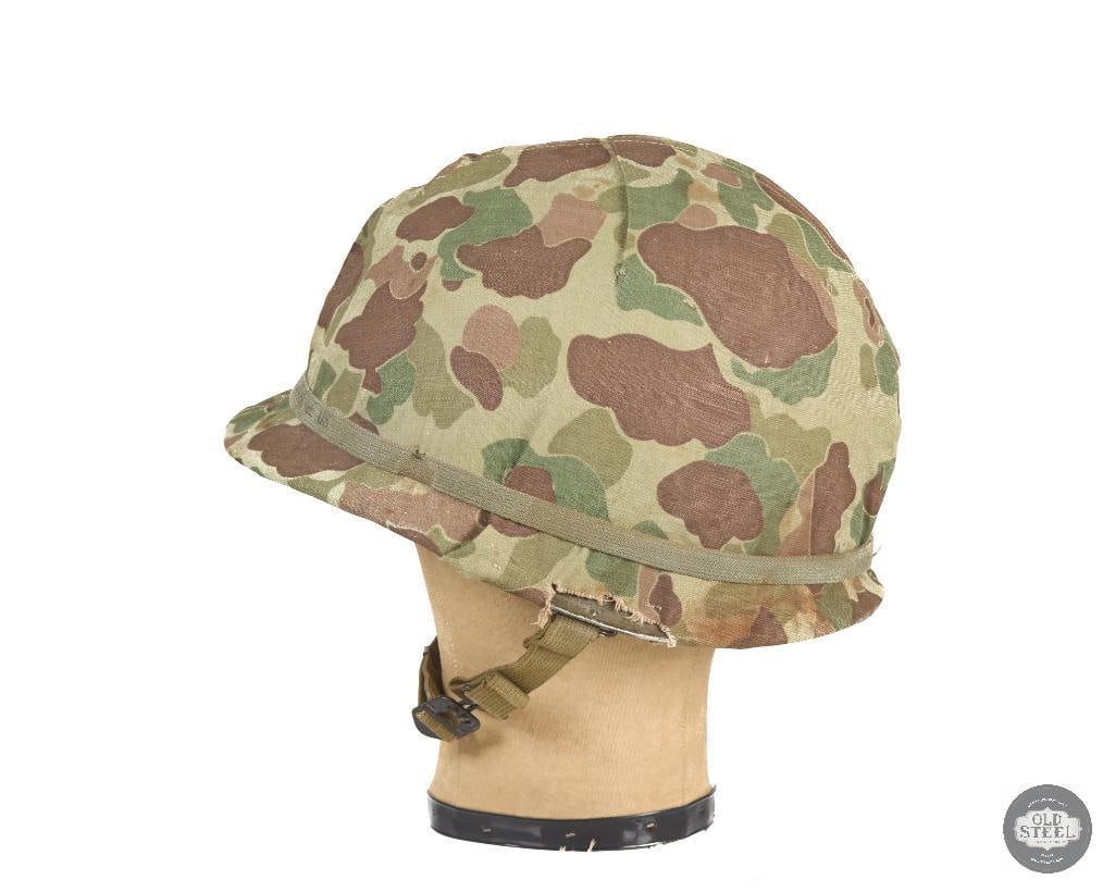US Marines M1 Hood Helmet with Hood Rubber Co Liner with USMC Reversable Frogskin Camo 211C WWII - 4
