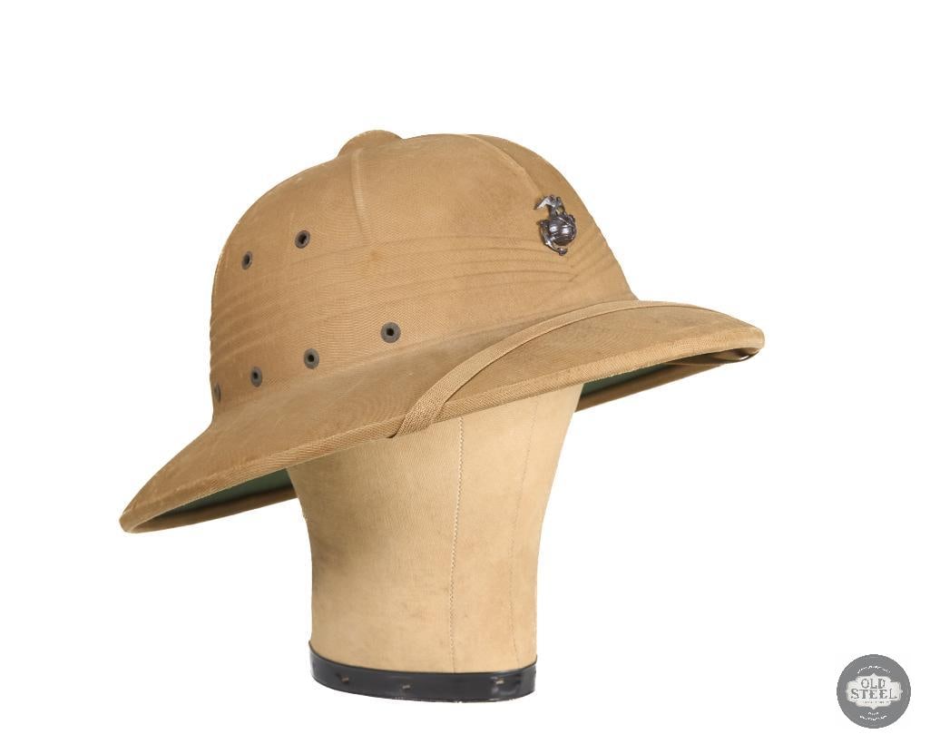USMC Range Instructors Sun Helmet: US M1 Vietnam War Helmet with Decorative Embellishments in Band. No Cuba visible on the EGA THIS ITEM IS AS PICTURED WITH NO FURTHER ATTACHMENTS. ALL