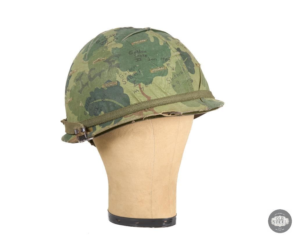 Operation Golden Saber US M1 Vietnam War Helmet with Cover: Operation Golden Saber US M1 helmet with cover from Vietnam War. Liner is marked US 62 at dome THIS ITEM IS AS PICTURED WITH NO FURTHER ATTACHMENTS. ALL SALES ARE FINAL. PLEASE REFER TO THE